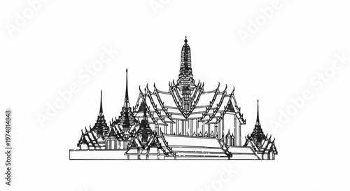 Elaborate sketch of a multi-tiered temple with ornate spires and roofs