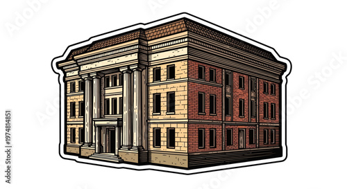 illustrated historic building with columns and brick facade