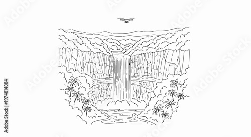 Drone views a lush tropical waterfall cascading down rocky cliffs into a river