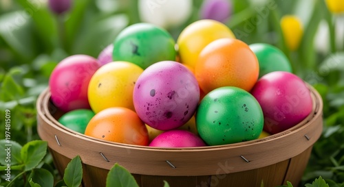 Title colorful easter day eggs in a basket a vibrant springtime celebration description a close up of a woven basket overflowing with brightly
