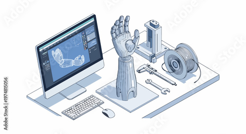 Isometric 3D Printing Workspace for Medical Prosthetic Hand Engineering and CAD Design Illustration