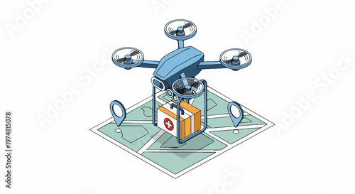 Isometric Medical Delivery Drone Carrying First Aid Kit Over Map with Location Pins