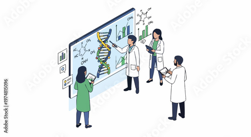 Isometric Illustration of Scientists Researching DNA and Genetic Data Analysis in a Modern Laboratory Environment