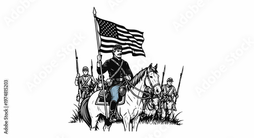 Cavalry advances with flag bearer on horseback