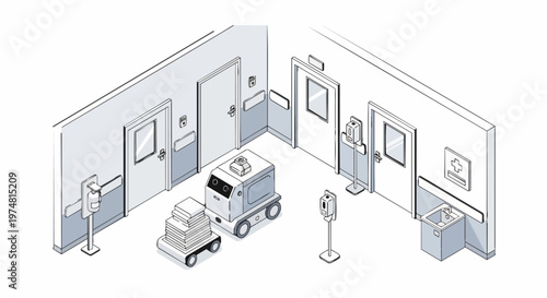Isometric Medical Delivery Robot in Hospital Hallway Line Art Illustration