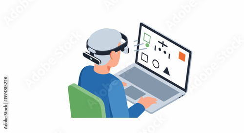 Senior Man Using VR Headset and Laptop for Education and Brain Training, Isometric Illustration of Elderly Person with Modern Technology for Digital Inclusion