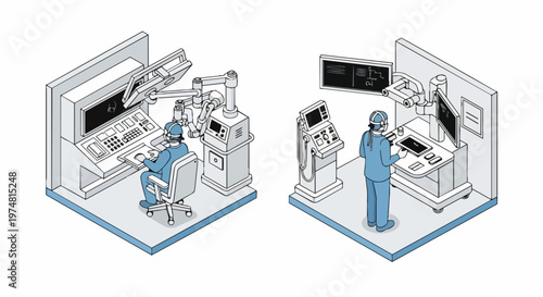 Surgeons using robotic surgery systems and remote operating consoles, isometric line art illustration of high-tech medical equipment and digital healthcare technology.