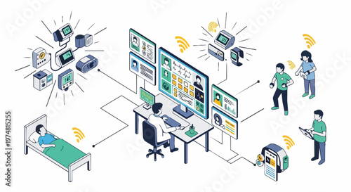 Remote Patient Monitoring and Digital Health System Isometric Illustration with Doctor, Wearable Devices, and Medical IoT Connectivity