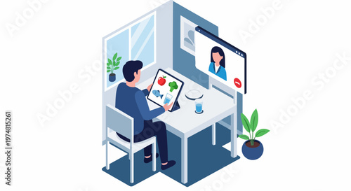 Online Nutritionist Consultation: Isometric Illustration of Man Having Video Call with Dietitian for Healthy Diet Plan
