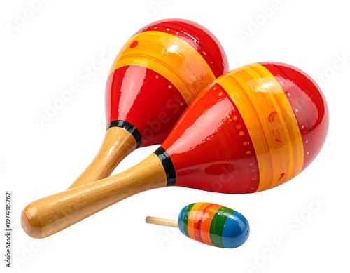 Two vibrant red and yellow maracas with a mini rainbow shaker