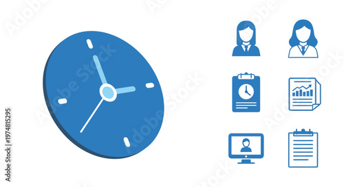 blue clock and business icons, time management concept