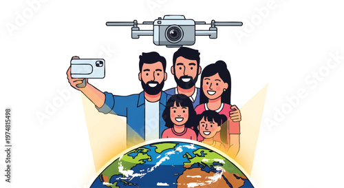 Family taking selfie with drone, happy family with camera