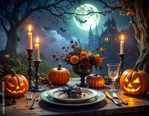A spooky dining scene with lit pumpkins, candles, flowers, and a spooky castle in the background under a full moon