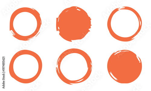 Orange grunge brush circle set. Hand drawn ink paint rings and distressed round frames. Professional vector asset pack for japanese zen logo design.