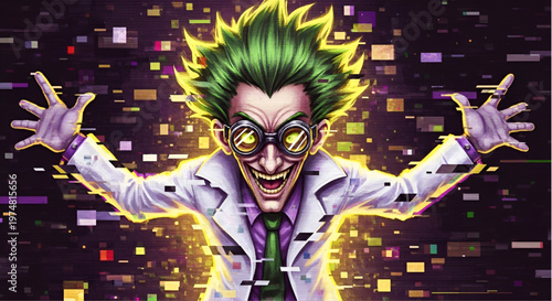 Evil Mad Scientist Glitch Art with Neon Cyberpunk Aesthetic