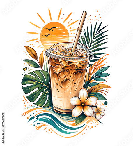 Iced Coffee Drink With Tropical Leaves And Sunset Scene