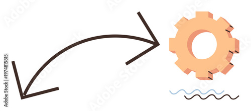 Workflow, automation, process management, direction, change efficiency. Arrow points to gear with wavy lines below. Workflow and automation concept. Line metaphor. Simple line icons