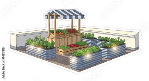 rooftop garden with vegetable planters and market stand