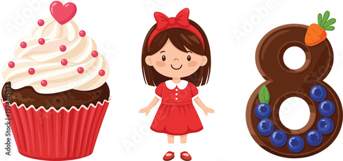 Cute cupcake dessert little girl character and number eight chocolate donut with blueberries cartoon vector illustration for kids birthday celebration design