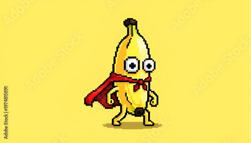 Funny Superhero Banana Character with Red Cape Pixel Art