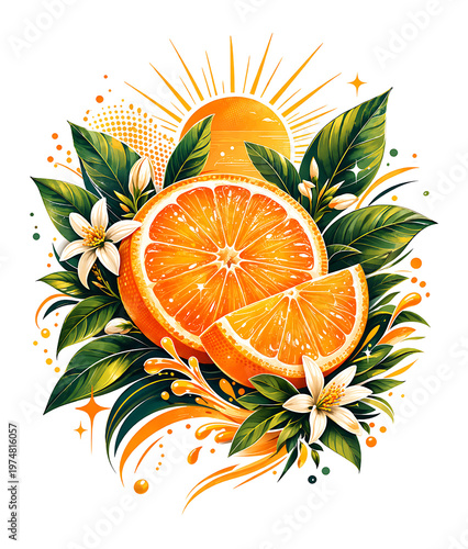 Orange Slices With Leaves And Sunburst Illustration