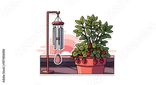 Pixel art wind chime and potted plant on balcony at sunset