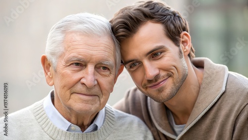 Father Day Elderly man and younger man smiling closely together, showing warmth and family connection.