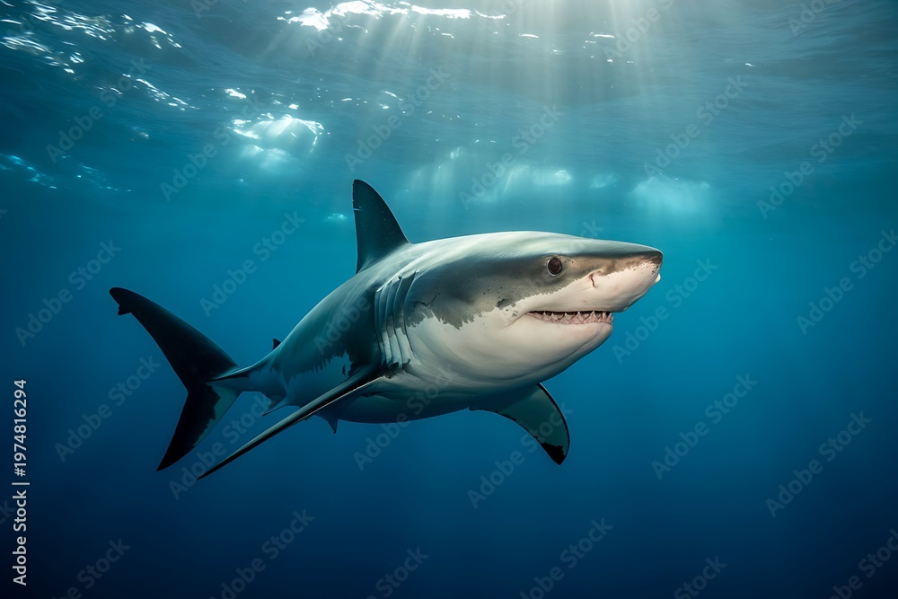 Obraz premium A large gray shark swims underwater with sunlight shining through the ocean surface above