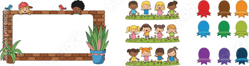 Cute kids banner with brick wall frame children friendship groups and colorful award ribbon badges cartoon vector illustration collection