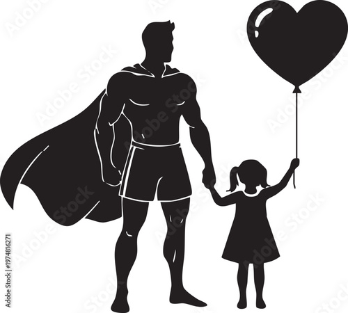 Superhero Father and Daughter Silhouette with Heart Balloon, Happy Father's Day Vector Illustration