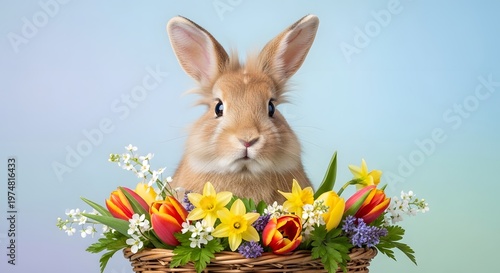 Adorable easter bunny with spring flowers celebrating a joyful easter day
