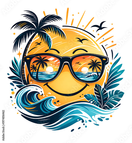 Smiling Sun Wearing Sunglasses Reflecting A Tropical Beach At Sunset