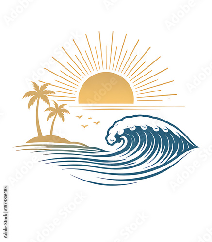 Sunset Over Ocean Waves With Palm Trees And Birds