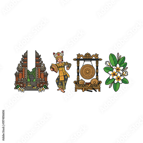 Traditional Balinese dancer with temple and gong.