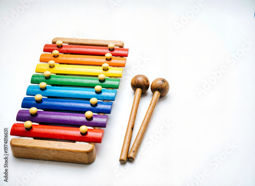 children's wooden xylophone with two wooden mallets on white