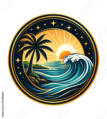 Tropical Beach Badge With Palm Tree Ocean Wave Sun And Stars In A Gold Circular Frame