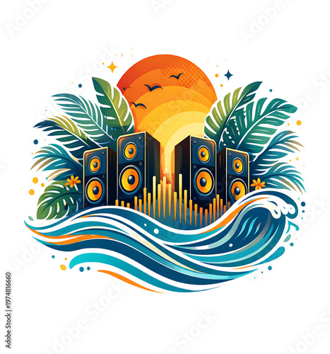 Tropical Beach Party With Speakers, Palm Leaves, Waves, And Sunset