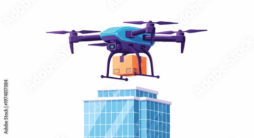 Drone flying over a modern blue skyscraper building