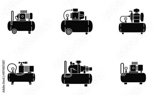 Air compressor icon set silhouettes vector illustration modern flat design equipment tools for industrial and mechanical applications.