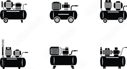 Air compressor icon set silhouettes vector illustration modern flat design equipment tools for industrial and mechanical applications.