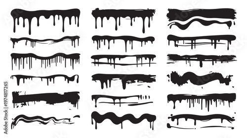 Collection of black paint strokes and dripping ink elements for design borders and backgrounds