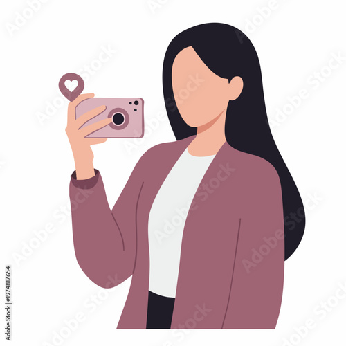 Flat Illustration Brunette Woman Selfie with Digital Camera Photography