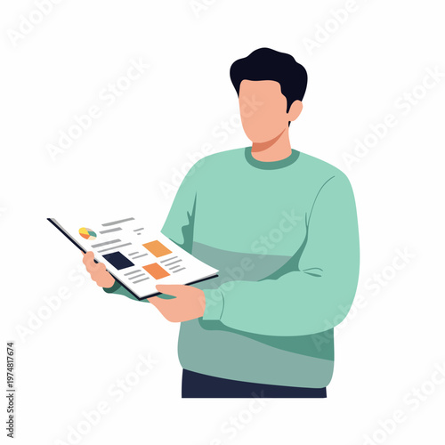 Flat Design Man Holding a Brochure Presenting Product Information Document