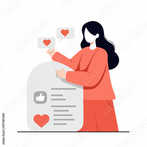 Flat Style Woman Interacting with Social Media Account Illustration
