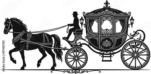 Tableau sur toile Vintage horse carriage illustration with ornate royal coach and driver