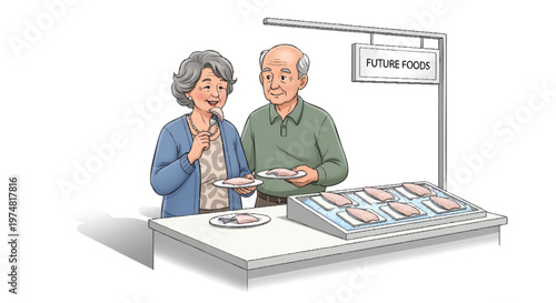 Elderly couple shopping for future food at a market stall