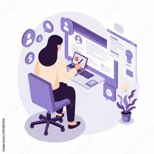Isometric Young Woman Working on Computer for Digital Content Creator Illustration