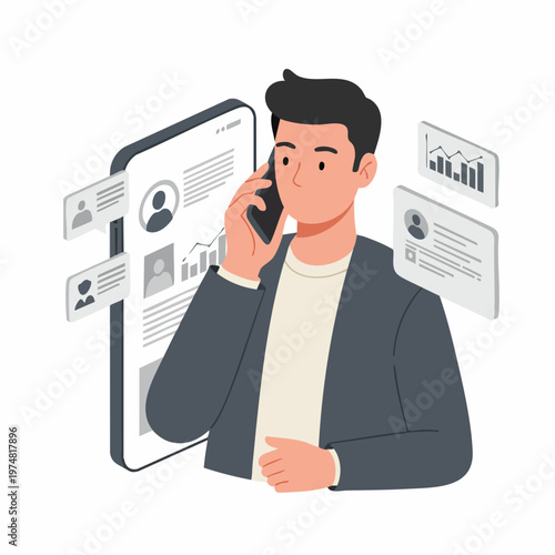 Isometric Businessman Answering Call with Digital Mobile Application on Smartphone
