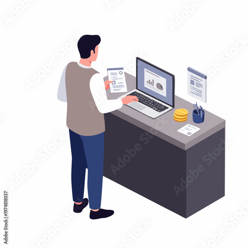 Isometric Illustration Man Analyzing Data at Office Desk Workplace