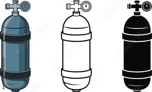 Scuba diving air tank silhouette and outline vector illustration set isolated transparent background modern flat design.